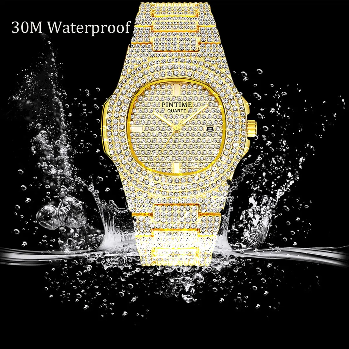 PINTIME Mens Diamond Watches Luxury Unisex Silver Gold | Iced-Out CZ Crystal Quartz - view 4
