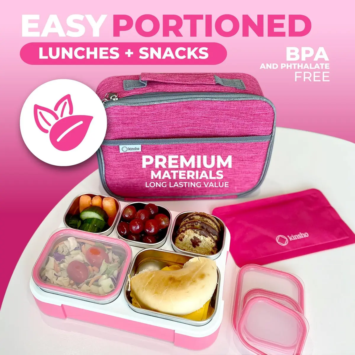 kinsho Stainless Steel Bento Lunch Box Set for Adults, Kids - 34 oz Pink | Leak-Proof Meal Prep Containers - view 5