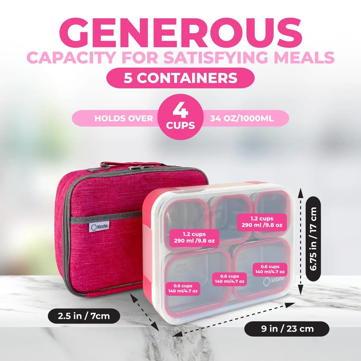 kinsho Stainless Steel Bento Lunch Box Set for Adults, Kids - 34 oz Pink | Leak-Proof Meal Prep Containers - view 7