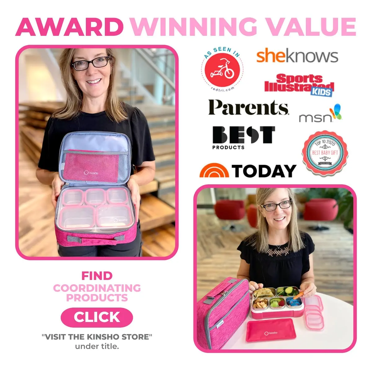kinsho Stainless Steel Bento Lunch Box Set for Adults, Kids - 34 oz Pink | Leak-Proof Meal Prep Containers - view 9