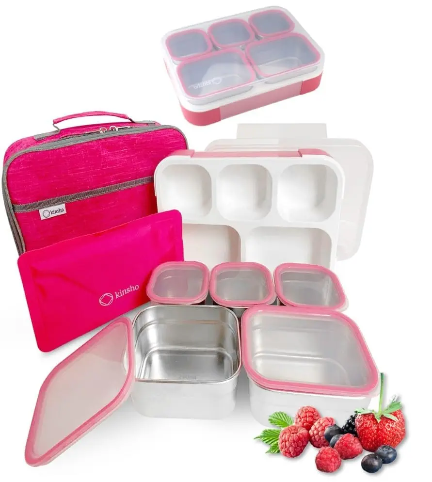 kinsho Stainless Steel Bento Lunch Box Set for Adults, Kids - 34 oz Pink | Leak-Proof Meal Prep Containers - view 2