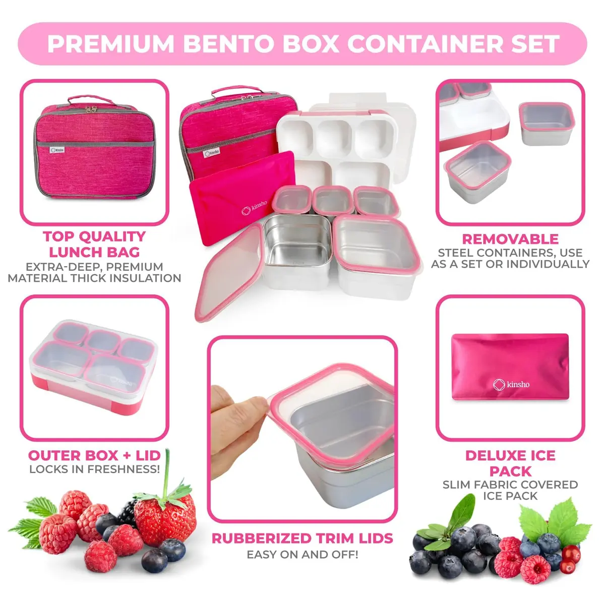 kinsho Stainless Steel Bento Lunch Box Set for Adults, Kids - 34 oz Pink | Leak-Proof Meal Prep Containers - view 4