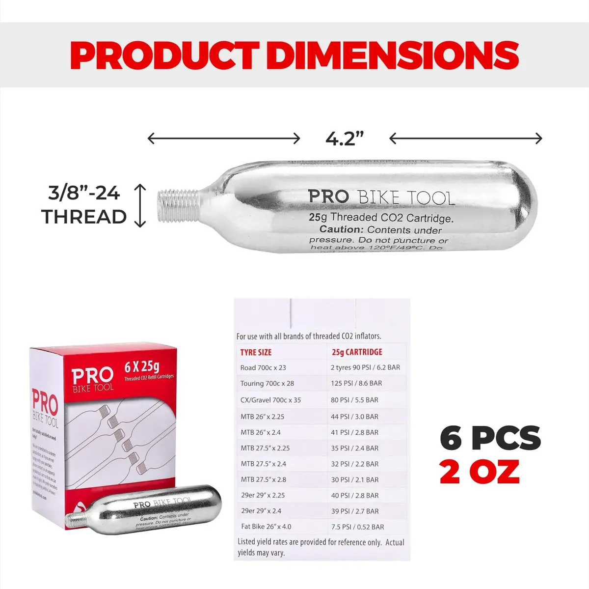 PRO BIKE TOOL 25g CO2 Cartridges (6 Pack) | Fast Inflation for Road & Mountain Bikes - view 3