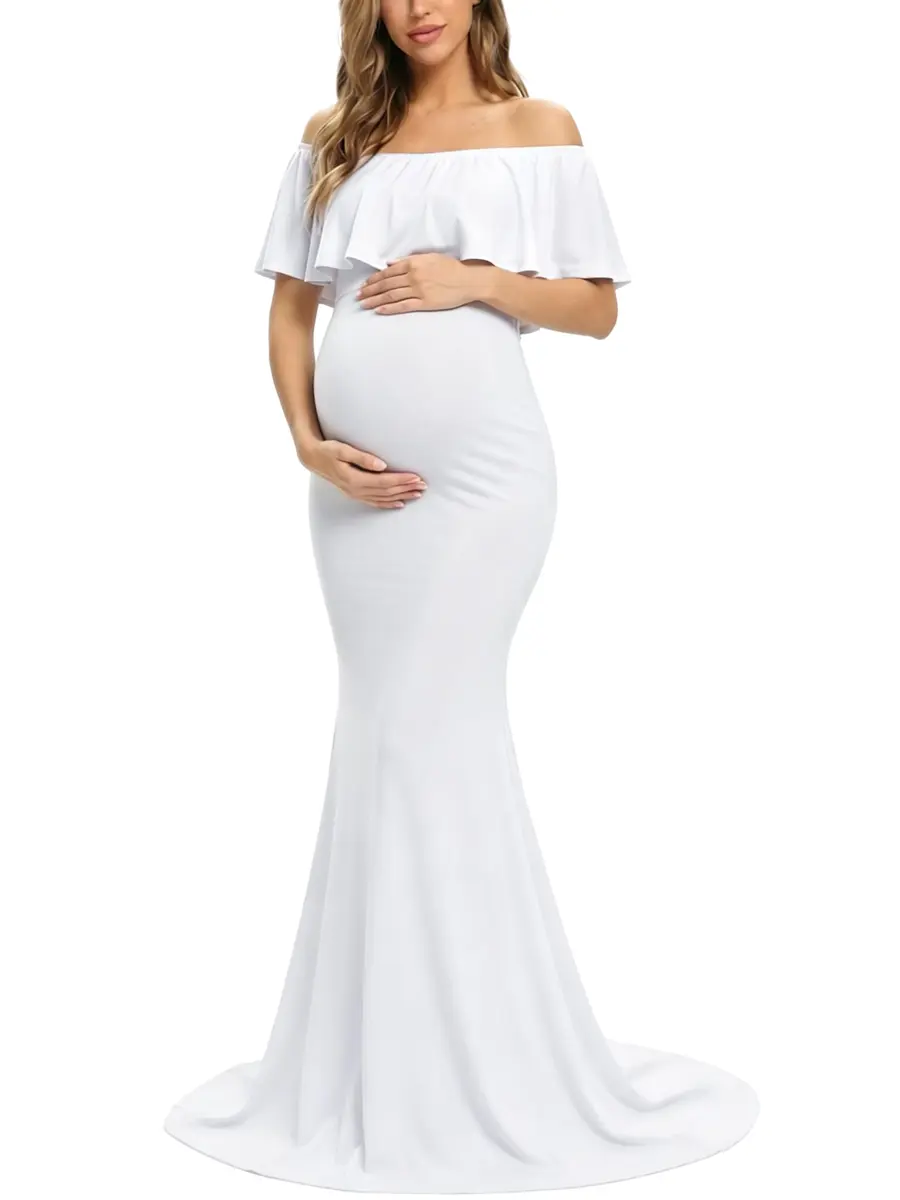 Glampunch Off Shoulder Maternity Dress for Photoshoot, Baby Shower | Flowy Maxi, Soft Stretchy Fabric, Elegant Fit - main product image