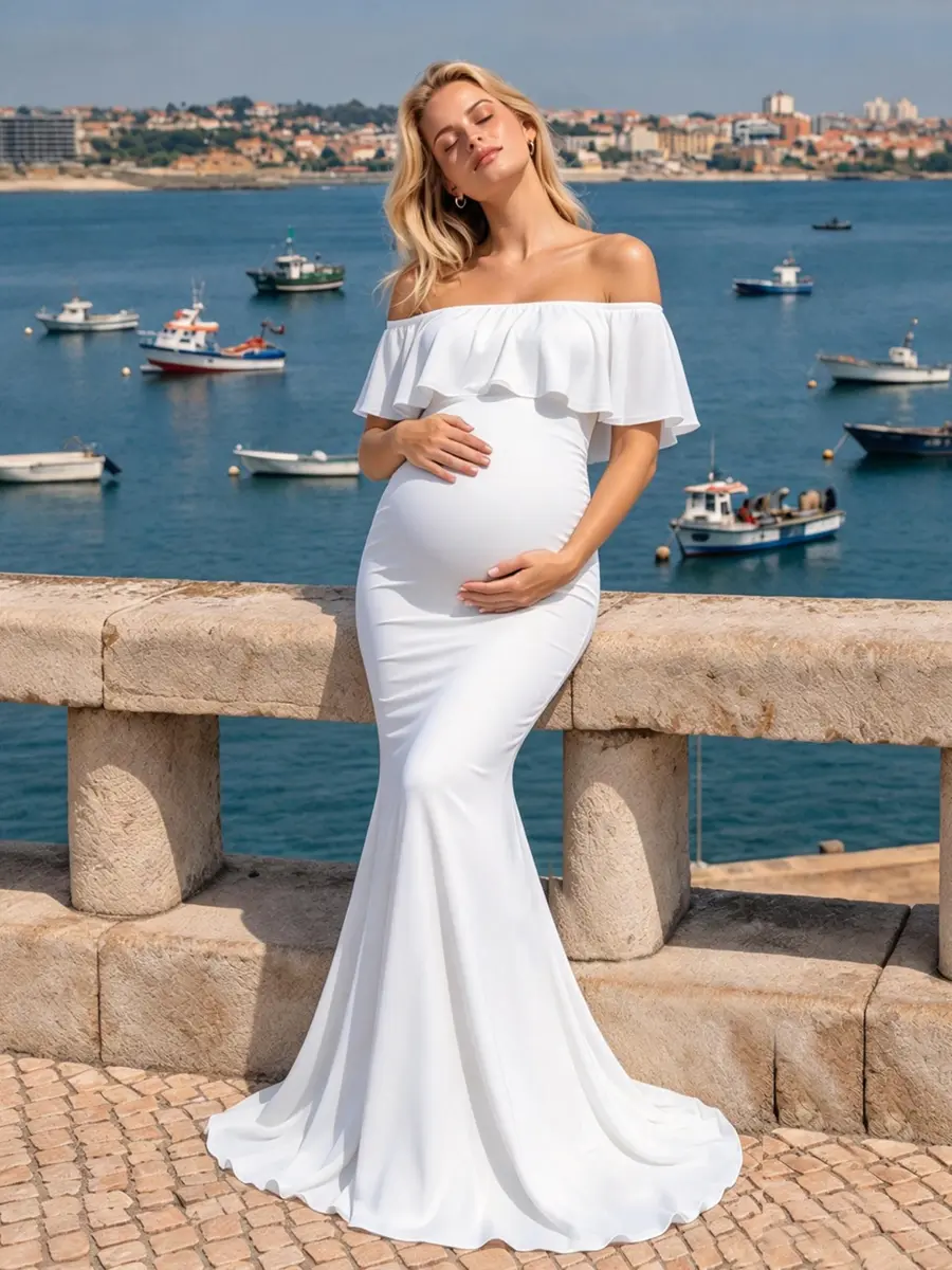 Glampunch Off Shoulder Maternity Dress for Photoshoot, Baby Shower | Flowy Maxi, Soft Stretchy Fabric, Elegant Fit - view 2
