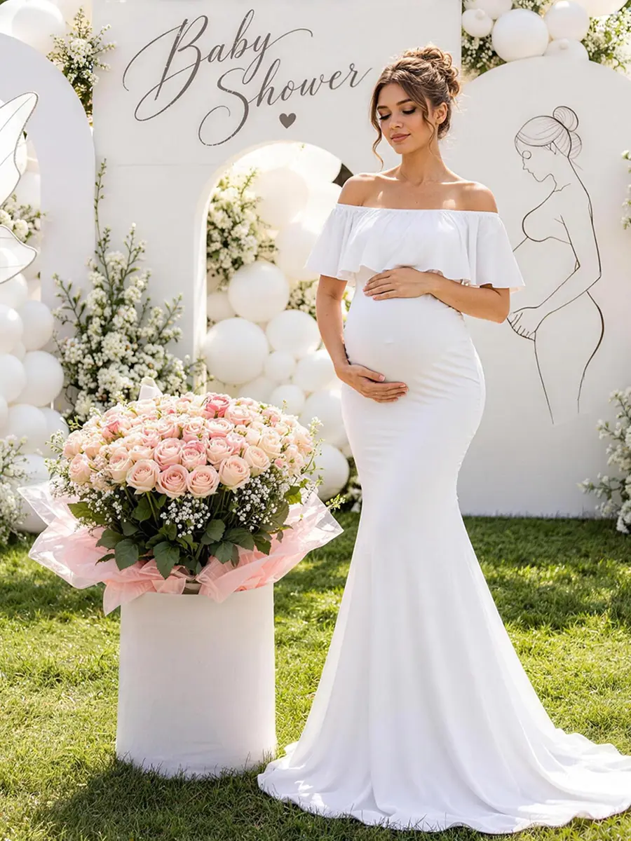 Glampunch Off Shoulder Maternity Dress for Photoshoot, Baby Shower | Flowy Maxi, Soft Stretchy Fabric, Elegant Fit - view 3