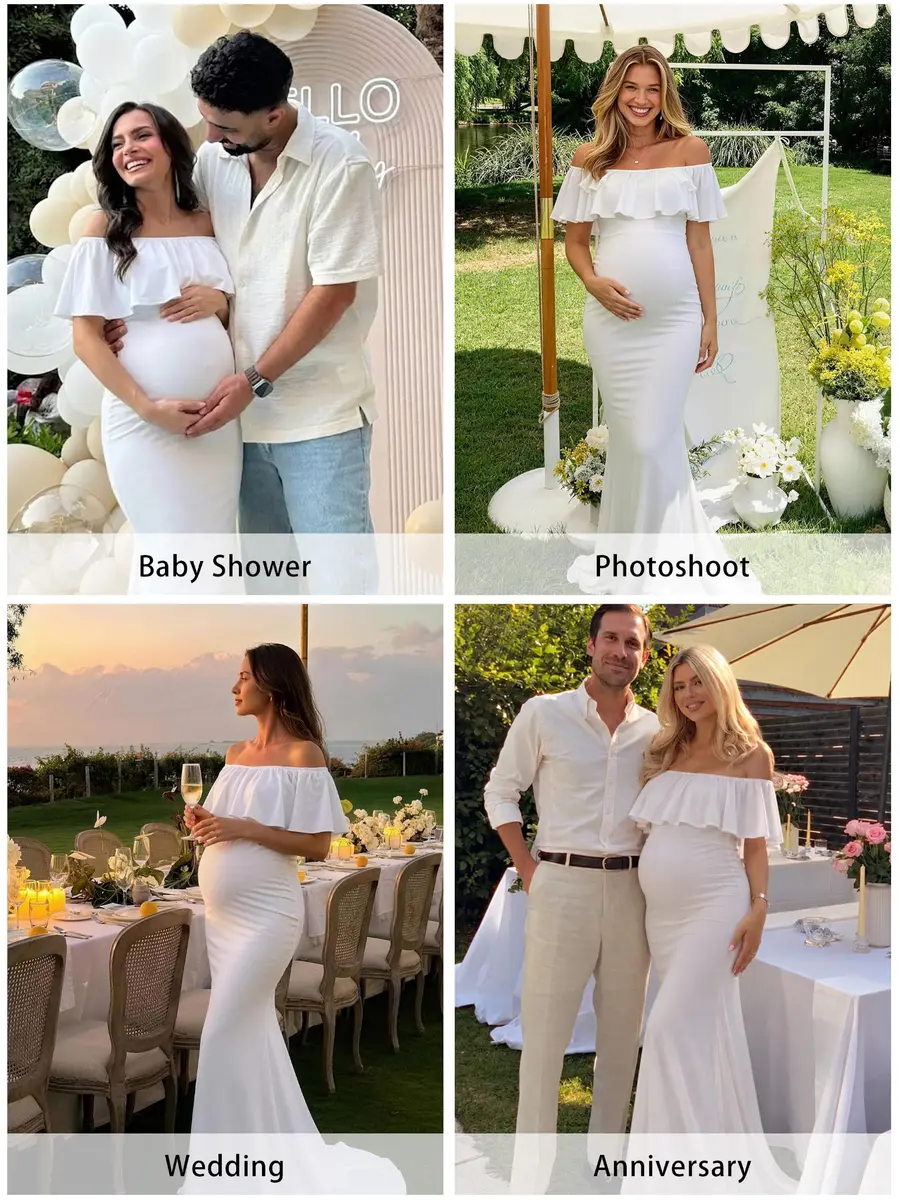 Glampunch Off Shoulder Maternity Dress for Photoshoot, Baby Shower | Flowy Maxi, Soft Stretchy Fabric, Elegant Fit - view 4