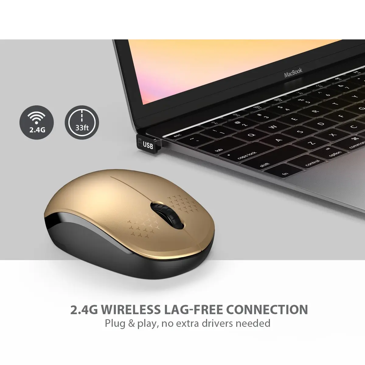 seenda Wireless Mouse for Laptop, 2.4G Noiseless Computer Mouse, Black&Gold | 101mm (4.5in) Length, 50mm (2.8in) Width, 32mm (1.25in) Height - view 5