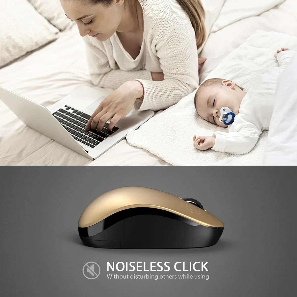 seenda Wireless Mouse for Laptop, 2.4G Noiseless Computer Mouse, Black&Gold | 101mm (4.5in) Length, 50mm (2.8in) Width, 32mm (1.25in) Height - view 2