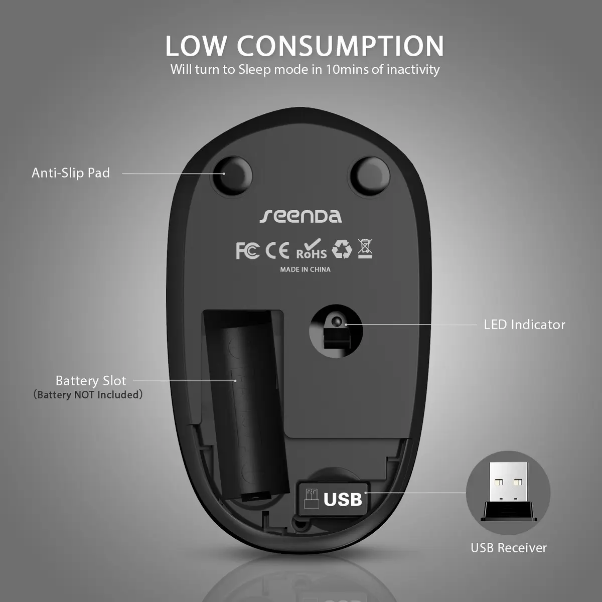 seenda Wireless Mouse for Laptop, 2.4G Noiseless Computer Mouse, Black&Gold | 101mm (4.5in) Length, 50mm (2.8in) Width, 32mm (1.25in) Height - view 3