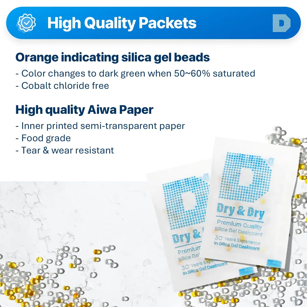 Dry & Dry 5 Gram Orange Silica Gel Packets | Food Safe & Reusable Moisture Absorbers (70-120 chars) - view 2