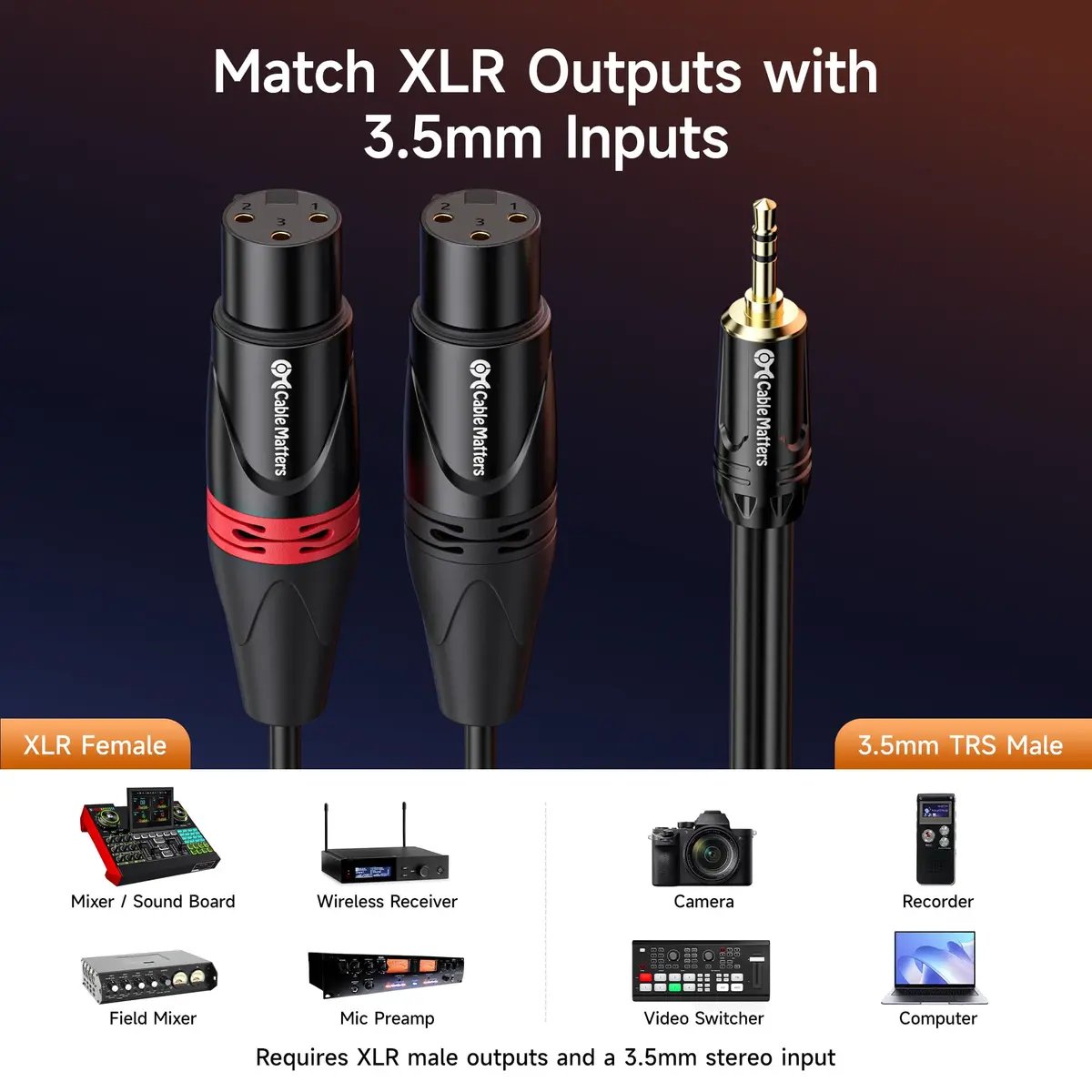 Cable Matters 3.5mm TRS to 2 XLR Female Cable, 1.83 m (6 ft) | Balanced Audio for Microphones - view 4