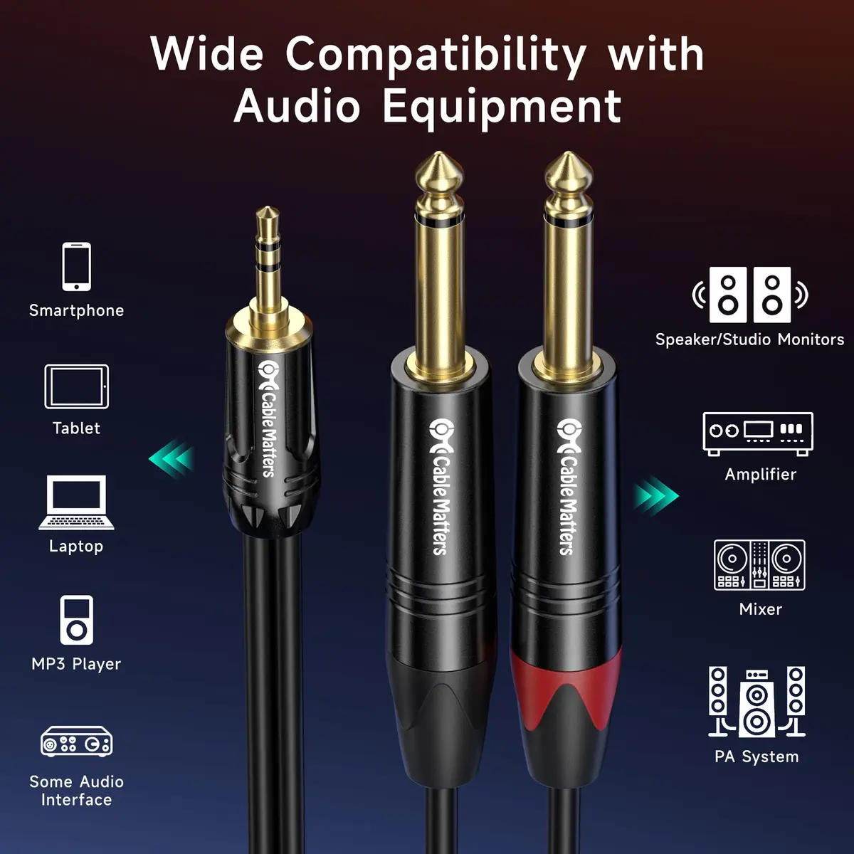 Cable Matters 3.5mm TRS to Dual 6.35mm TS Breakout Cable, 0.91m (3ft) | Connects Smartphones to Mixers & Studio Monitors - view 5