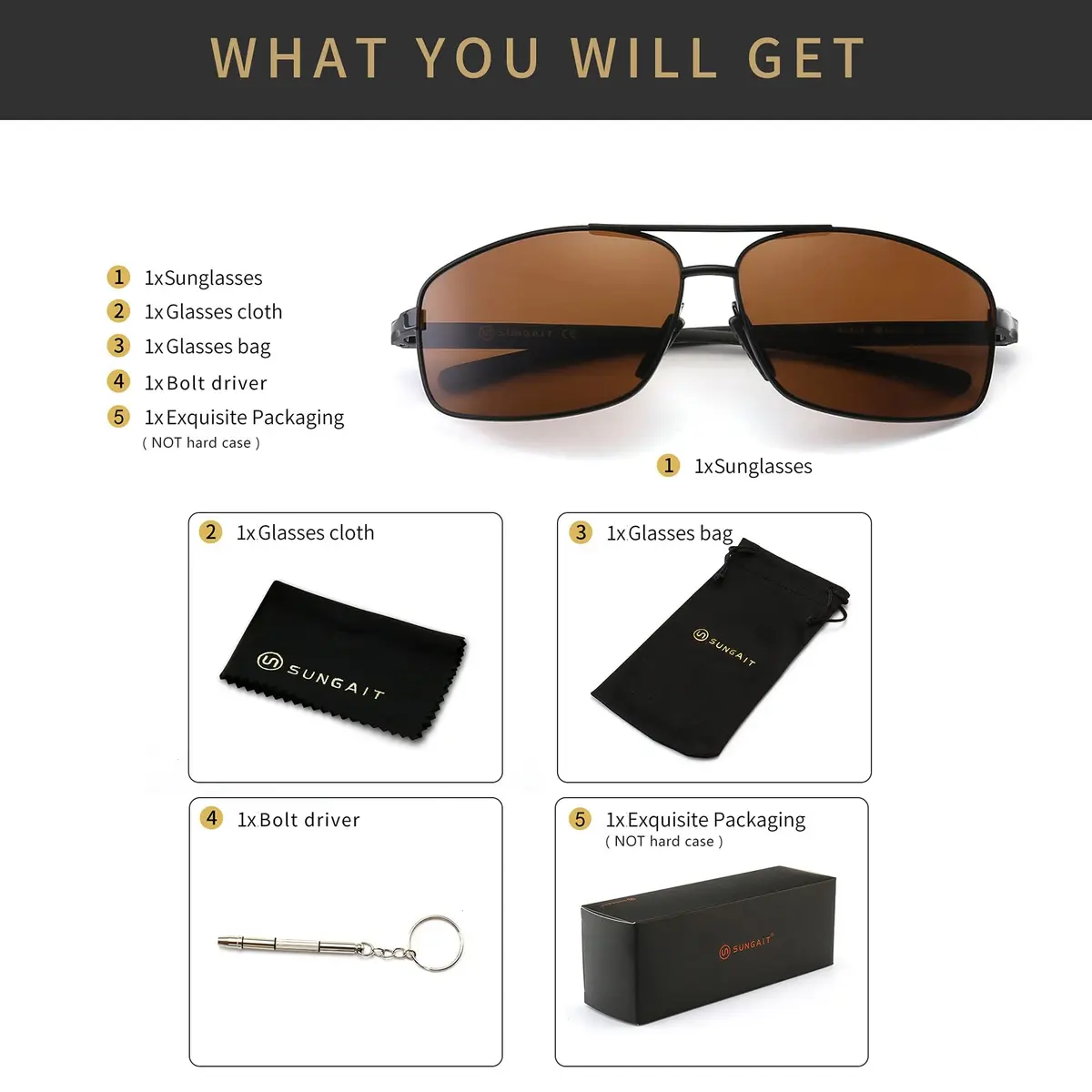 SUNGAIT Ultra Lightweight Rectangular Polarized Sunglasses Men UV400 Protection (Black Frame Brown Lens, 62) Metal Frame - view 6