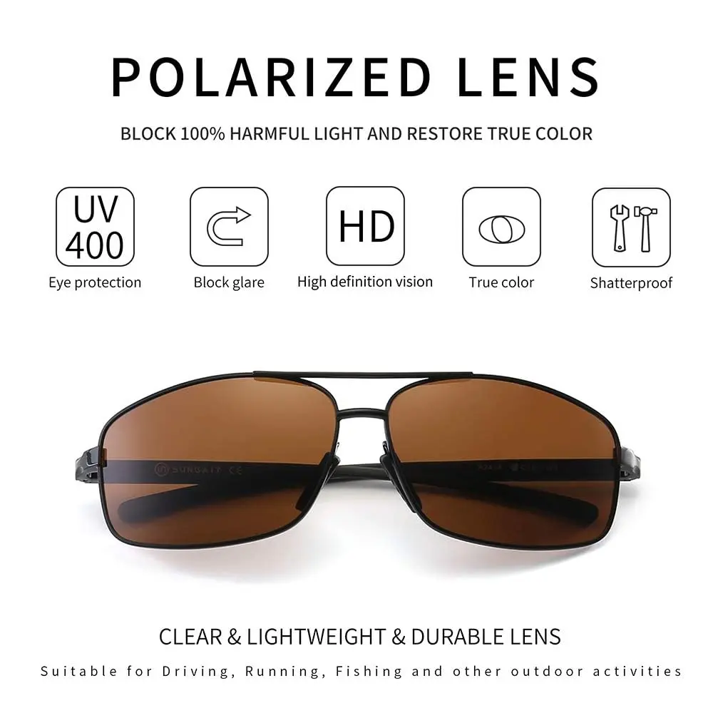 SUNGAIT Ultra Lightweight Rectangular Polarized Sunglasses Men UV400 Protection (Black Frame Brown Lens, 62) Metal Frame - view 2