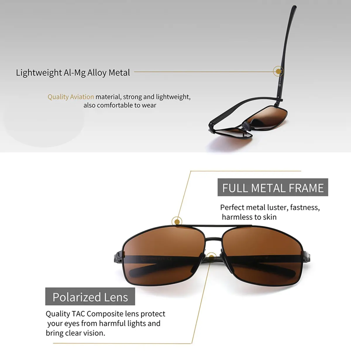 SUNGAIT Ultra Lightweight Rectangular Polarized Sunglasses Men UV400 Protection (Black Frame Brown Lens, 62) Metal Frame - view 3