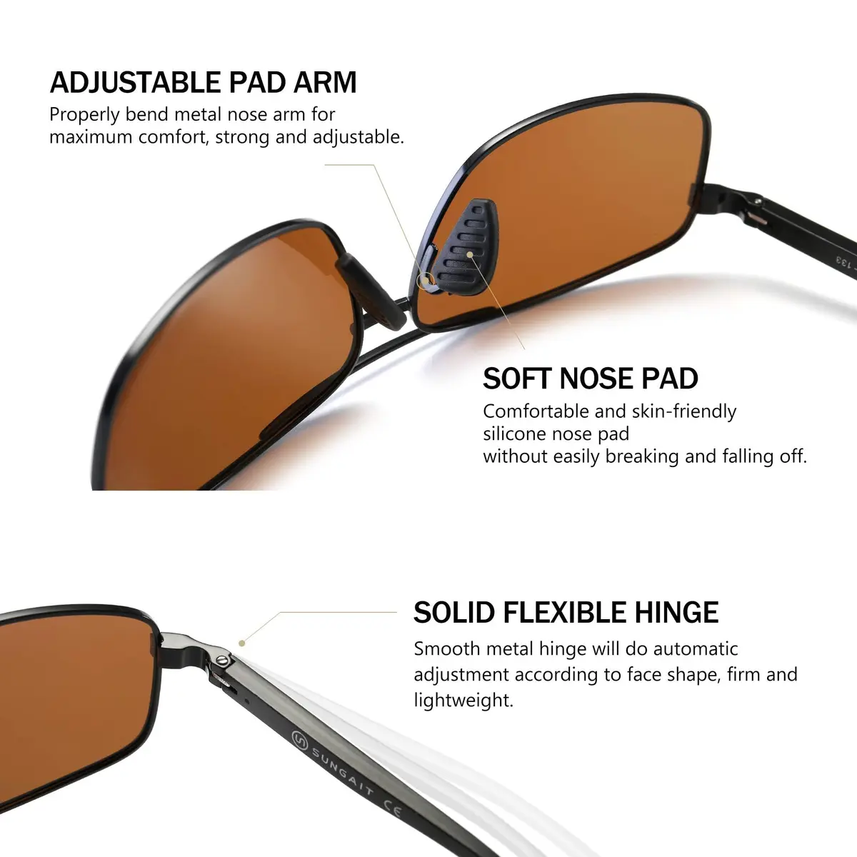 SUNGAIT Ultra Lightweight Rectangular Polarized Sunglasses Men UV400 Protection (Black Frame Brown Lens, 62) Metal Frame - view 4