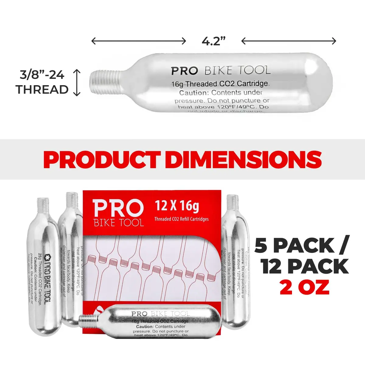 PRO BIKE TOOL 16g Threaded CO2 Cartridges (12-Pack, 6.77 oz / 192 g) | Fast Inflation for Road, MTB, Gravel Bikes - view 3