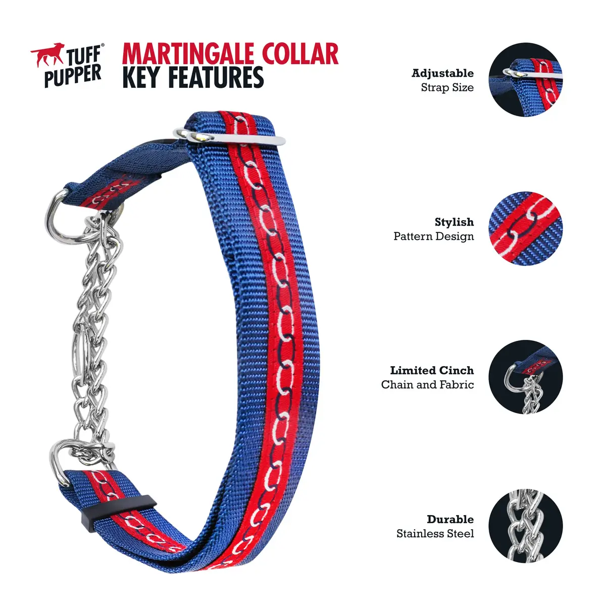 Tuff Pupper Martingale Collar for Dogs | No Pull Adjustable Nylon & Steel Chain | Medium (16-24") Neck - view 2