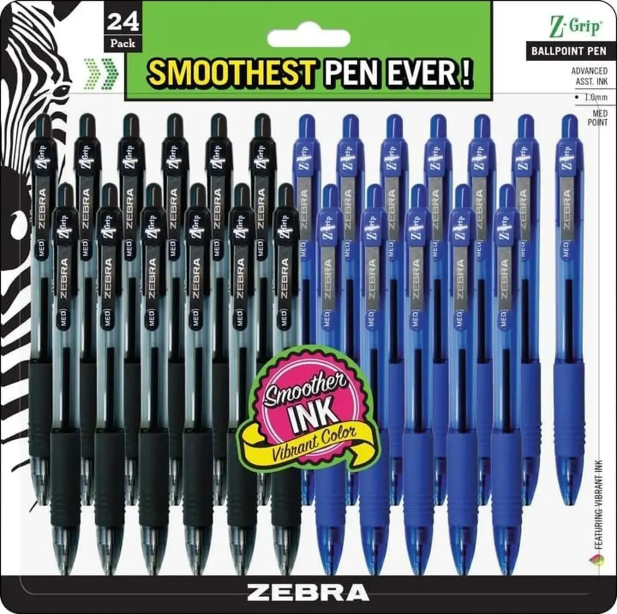 Zebra Pen Z-Grip Retractable Ballpoint Pen 1.0mm | Bulk Pack of 24, Black & Blue Ink, Office & School Supplies - main product image