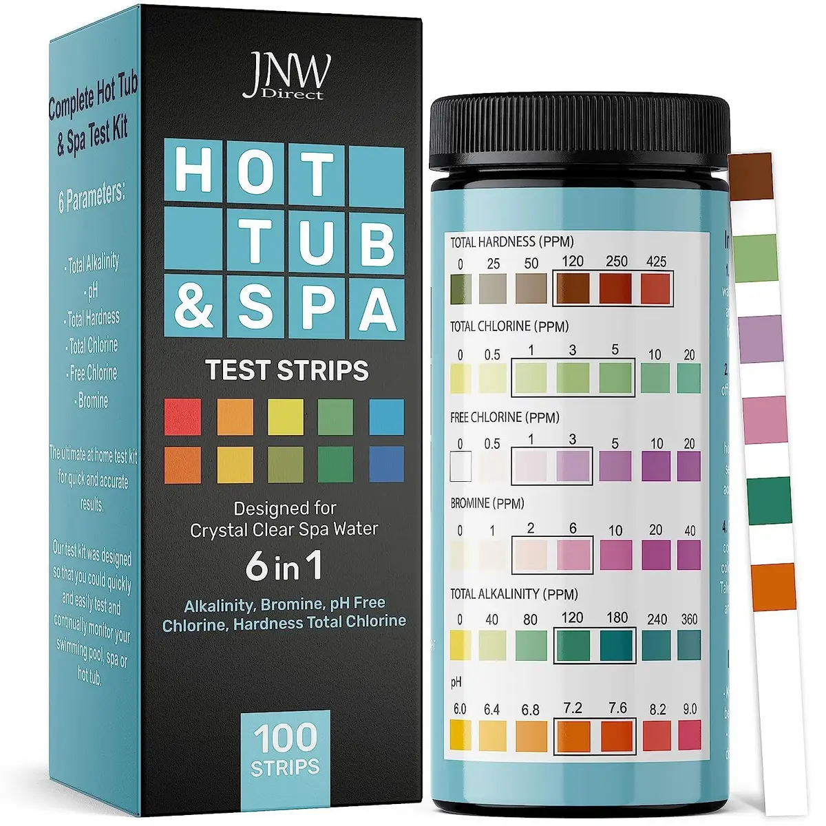 JNW Direct Hot Tub Test Strips 100 Pack | 6-in-1 Water Testing for Spas & Pools - main product image