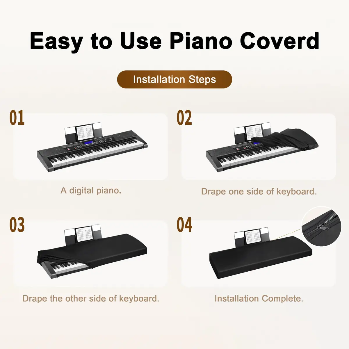 Explore Land 88 Keys Piano Keyboard Cover with Music Stand Opening, Black | Stretchy Satin Polyester Dust Cover for Digital Pianos - view 6