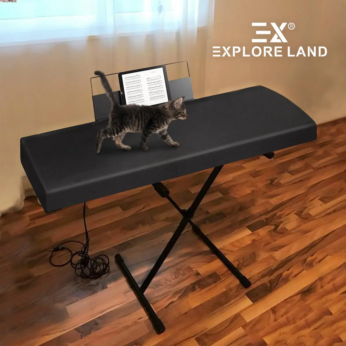 Explore Land 88 Keys Piano Keyboard Cover with Music Stand Opening, Black | Stretchy Satin Polyester Dust Cover for Digital Pianos - view 7