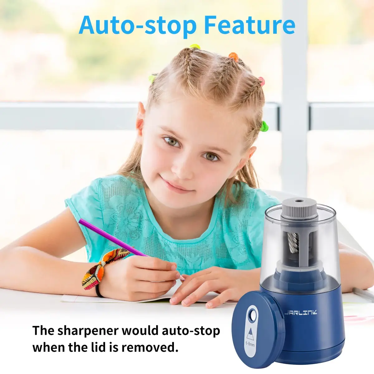 JARLINK Electric Pencil Sharpener, Heavy Duty Helical Blade, Auto Stop, Blue | 8.5cm x 8.6cm x 17.2cm (3.2" x 3.4" x 6.8") - view 9
