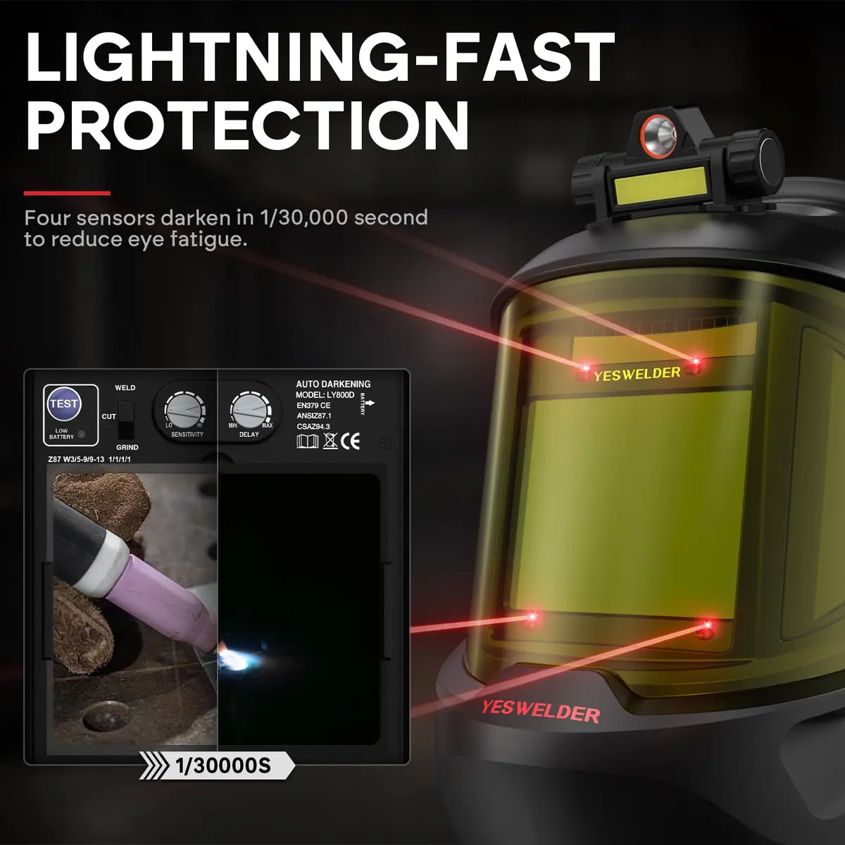 YESWELDER Auto Darkening Welding Helmet with LED, 180° View, LYG-Q800D | Blue Light Blocking, Large View, Multi-Process - view 4