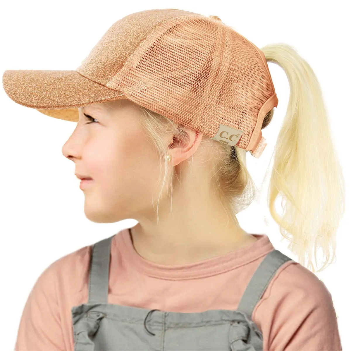 C.C Kids Messy Bun Ponytail Baseball Cap Glitter Rose Gold | Adjustable Sport Hat - main product image
