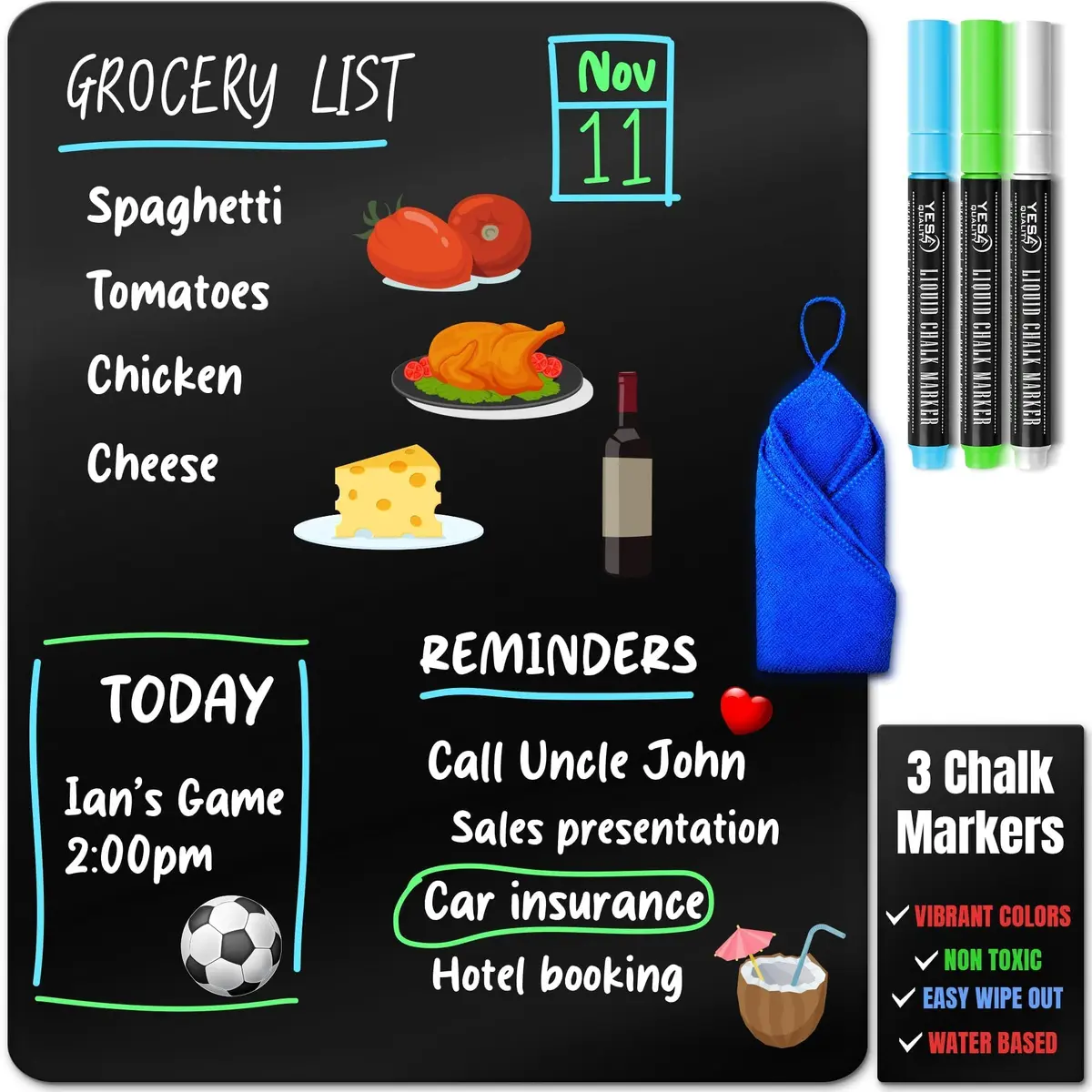 YES4QUALITY Magnetic Black Dry Erase Board 17x11 inches | Easy-Erase Surface & Bright Markers - main product image