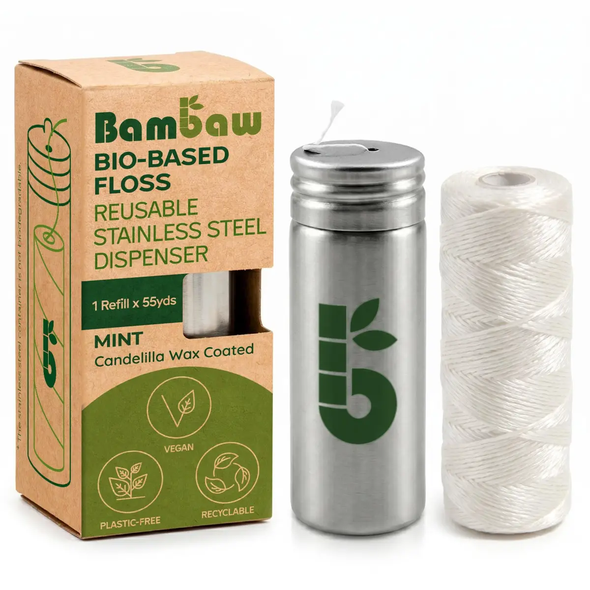Bambaw Vegan Dental Floss with Stainless Steel Dispenser | 50 meters (165 ft) Mint Tape | Refillable Zero Waste - main product image