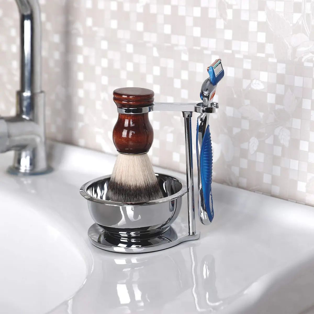 PerPro Deluxe Stainless Steel Shave Stand, Bowl & Brush Set | Compatible with Most Razors - view 2