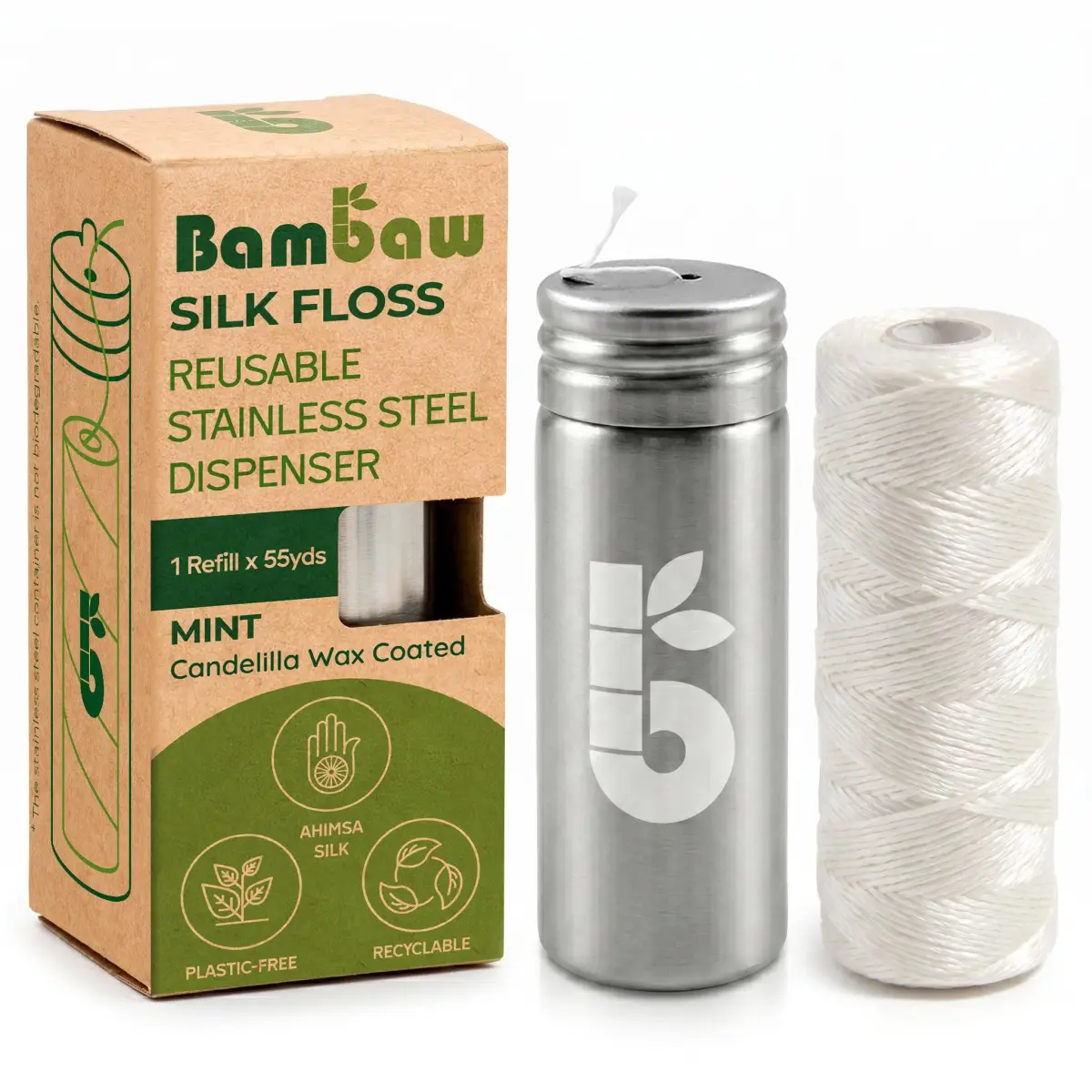 Bambaw Natural Silk Dental Floss Mint 55 yd (165 ft) | Biodegradable Eco Floss with Stainless Steel Dispenser - main product image