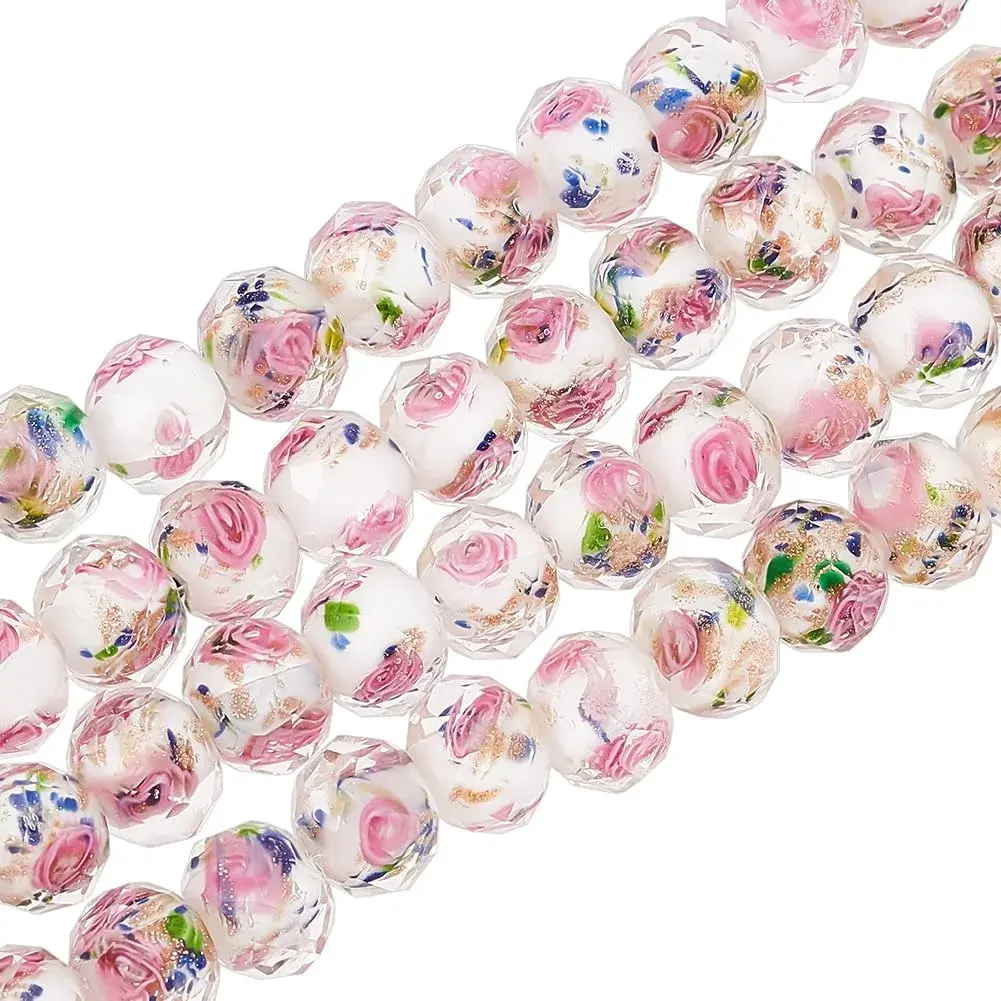 PH PandaHall 60pcs 9-10mm Rose Lampwork Beads | Gold Sand Glass Beads for Jewelry Making - main product image