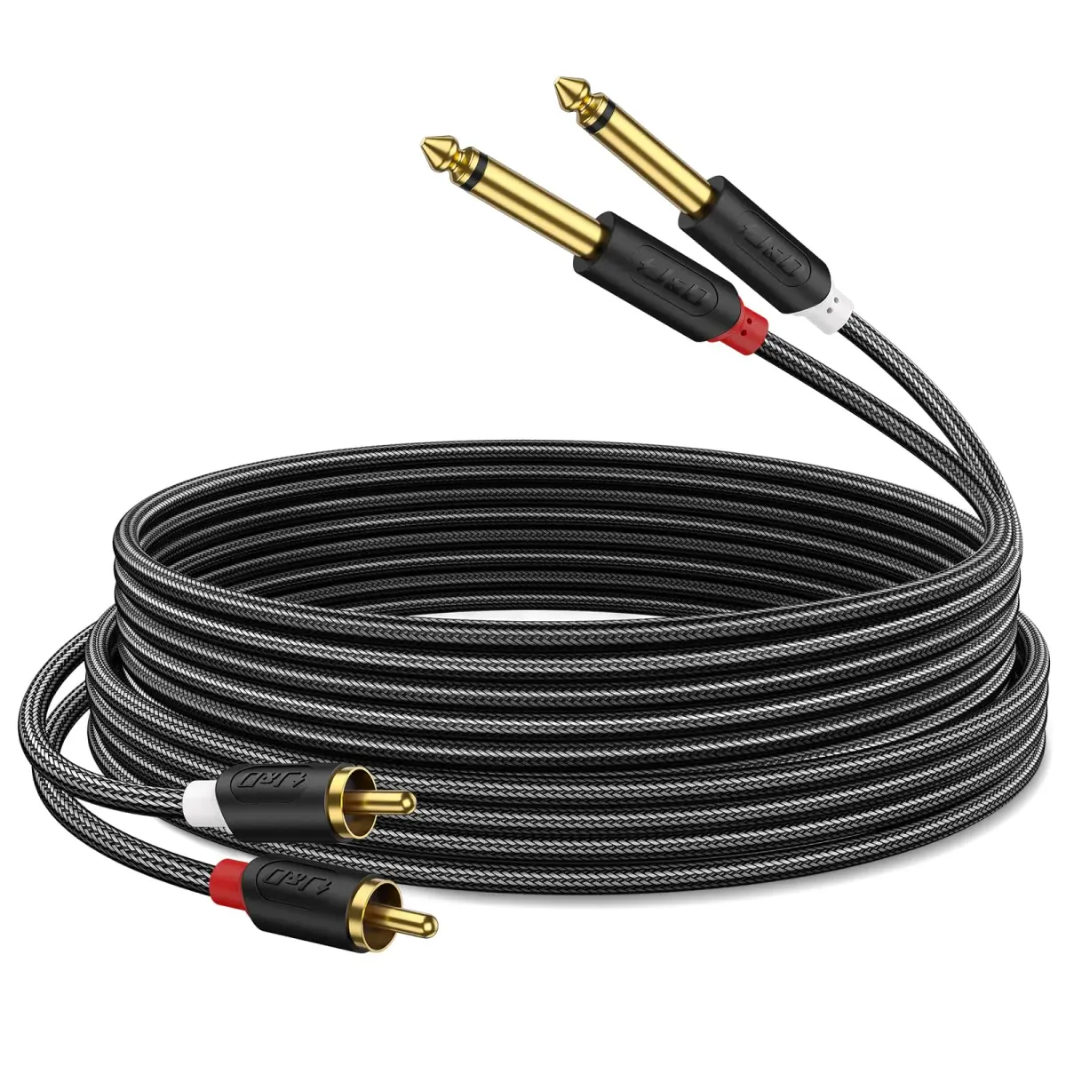 J&D Gold Plated Dual 1/4" TS to RCA Cable - Stereo Audio Interconnect with Nylon Braid for Mixer, Amplifier, 1.83m (6 Feet) - main product image