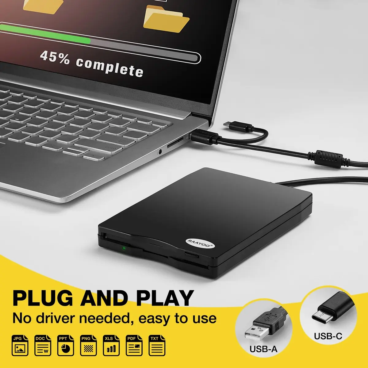 RAAYOO USB Floppy Disk Drive Reader 1.44 MB | Reads Old Floppy Disks on Windows 11/10/8/7 PCs - view 4
