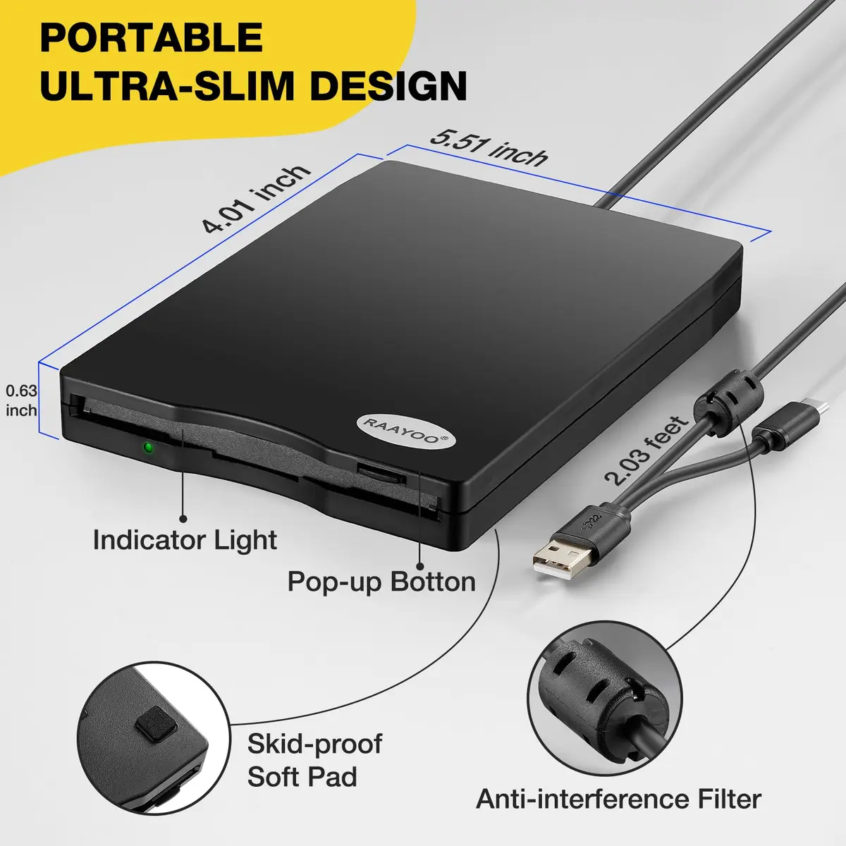 RAAYOO USB Floppy Disk Drive Reader 1.44 MB | Reads Old Floppy Disks on Windows 11/10/8/7 PCs - view 7