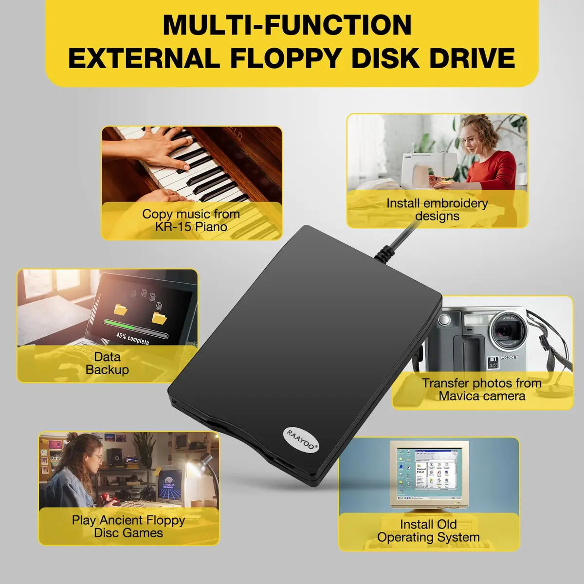 RAAYOO USB Floppy Disk Drive Reader 1.44 MB | Reads Old Floppy Disks on Windows 11/10/8/7 PCs - view 3