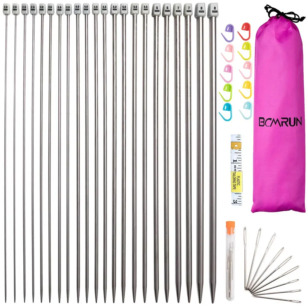 BCMRUN Straight Knitting Needle Set 36cm (14.1 inch) | 11 Sizes 2mm-8mm Stainless Steel with Stitch Markers & Tape - main product image