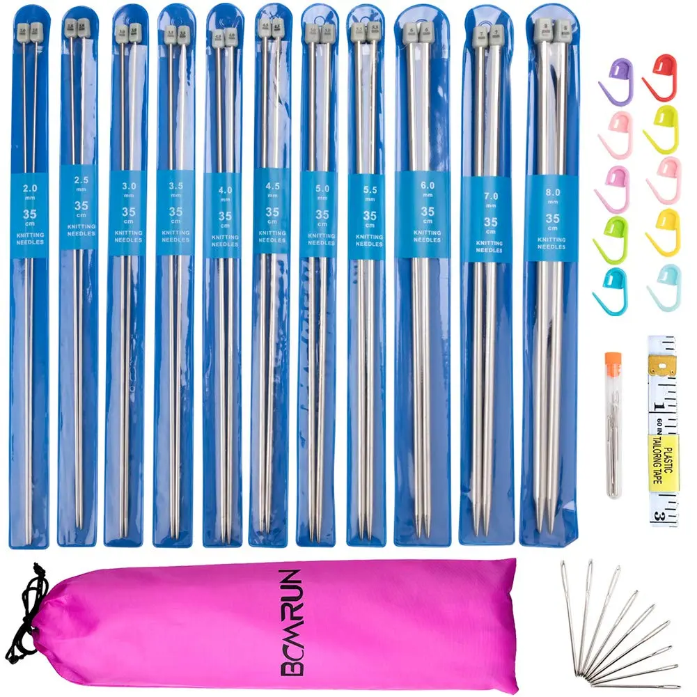 BCMRUN Straight Knitting Needle Set 36cm (14.1 inch) | 11 Sizes 2mm-8mm Stainless Steel with Stitch Markers & Tape - view 2