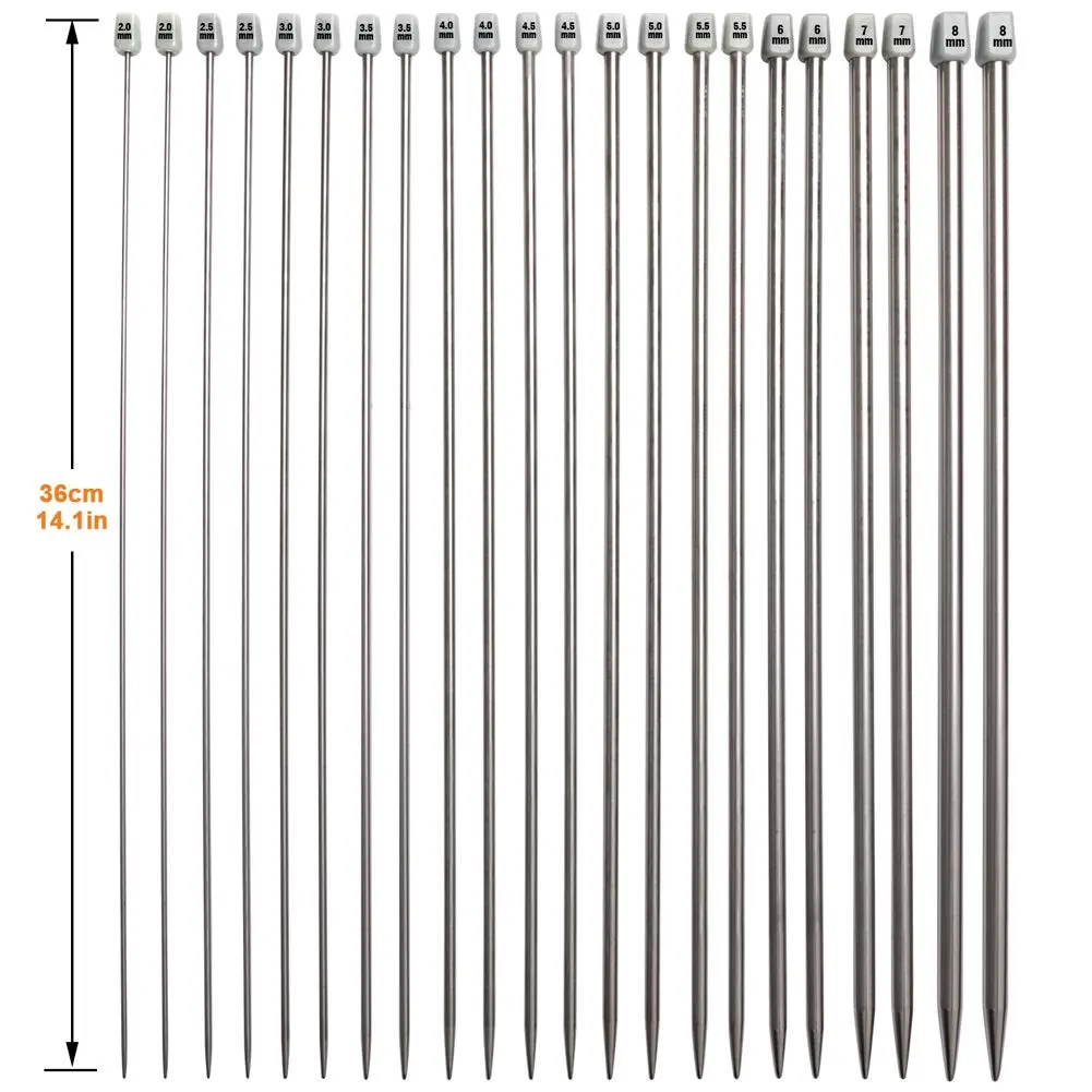 BCMRUN Straight Knitting Needle Set 36cm (14.1 inch) | 11 Sizes 2mm-8mm Stainless Steel with Stitch Markers & Tape - view 3