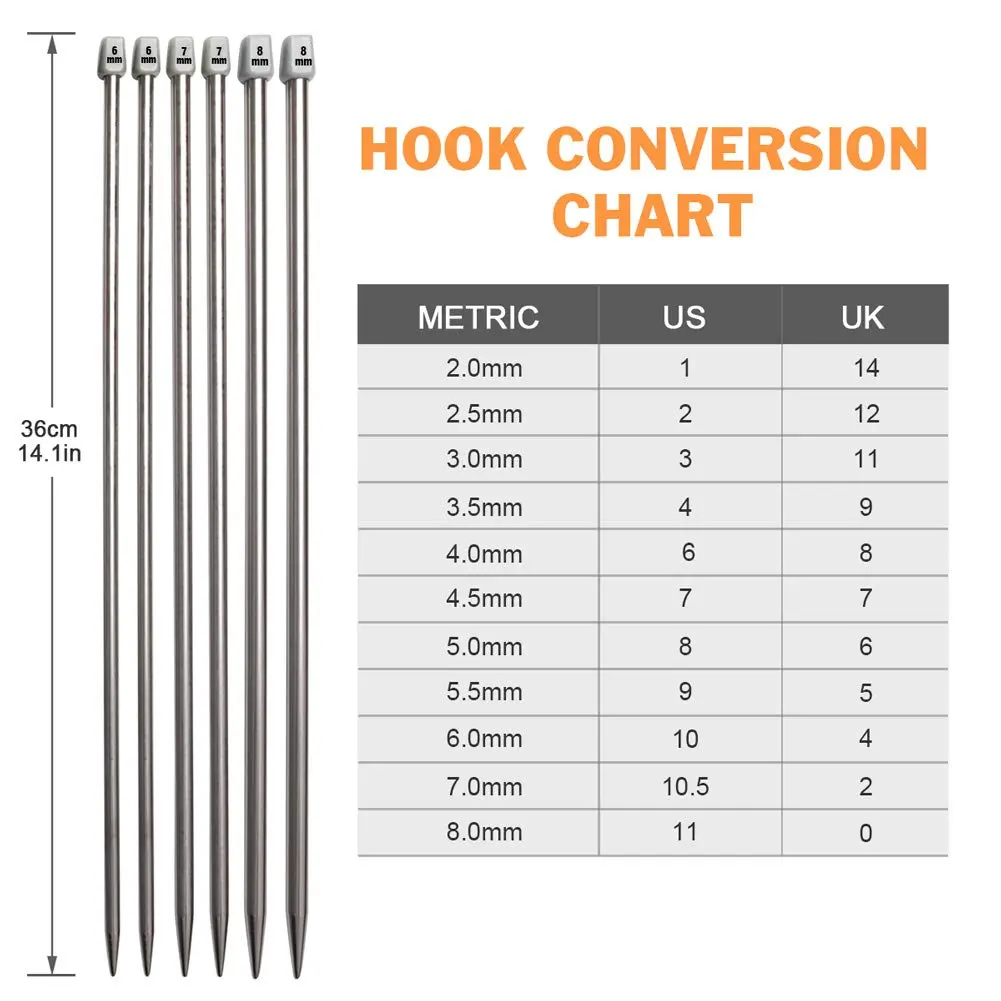 BCMRUN Straight Knitting Needle Set 36cm (14.1 inch) | 11 Sizes 2mm-8mm Stainless Steel with Stitch Markers & Tape - view 4