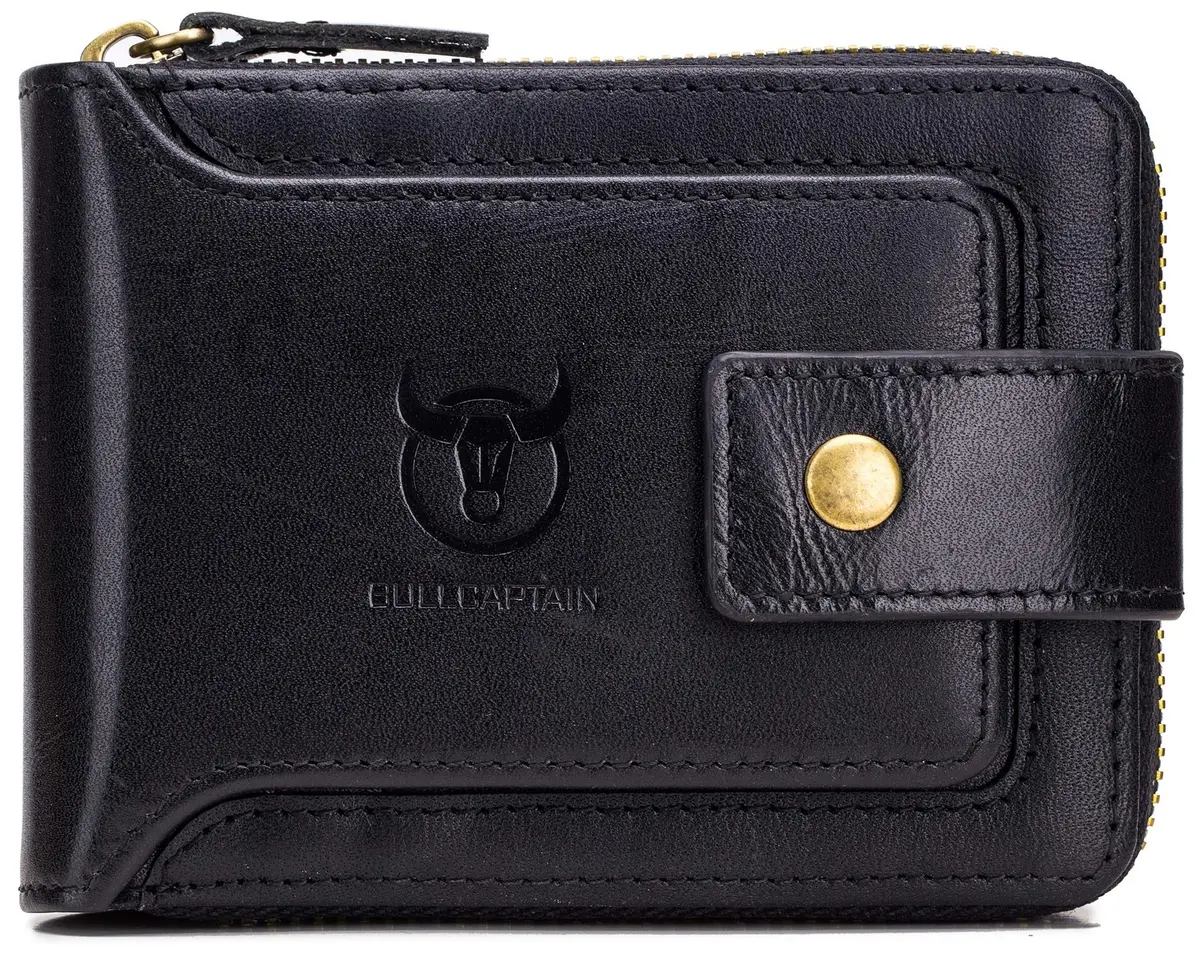 BULLCAPTAIN Genuine Leather Zipper Wallet RFID Blocking Bi-Fold | Durable Cowhide, 9 Card Slots, Zip Around (black) - main product image