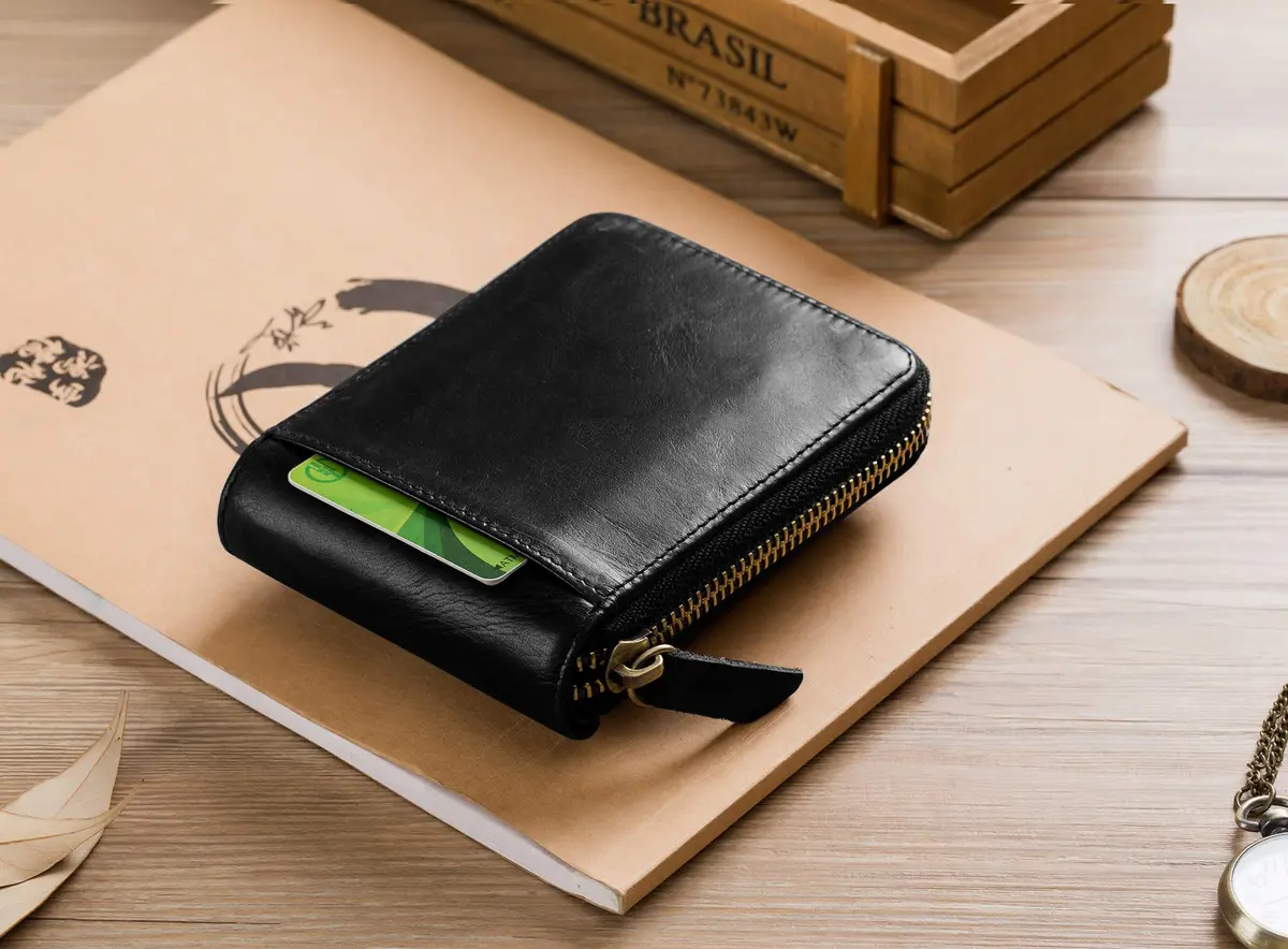 BULLCAPTAIN Genuine Leather Zipper Wallet RFID Blocking Bi-Fold | Durable Cowhide, 9 Card Slots, Zip Around (black) - view 6