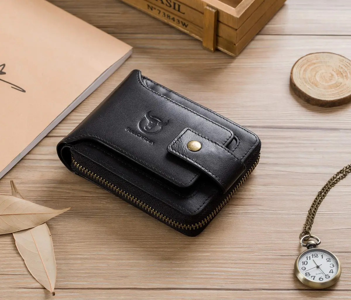 BULLCAPTAIN Genuine Leather Zipper Wallet RFID Blocking Bi-Fold | Durable Cowhide, 9 Card Slots, Zip Around (black) - view 7