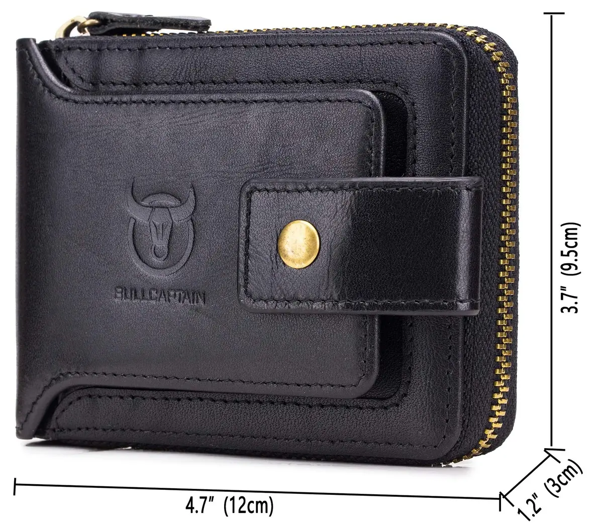 BULLCAPTAIN Genuine Leather Zipper Wallet RFID Blocking Bi-Fold | Durable Cowhide, 9 Card Slots, Zip Around (black) - view 2