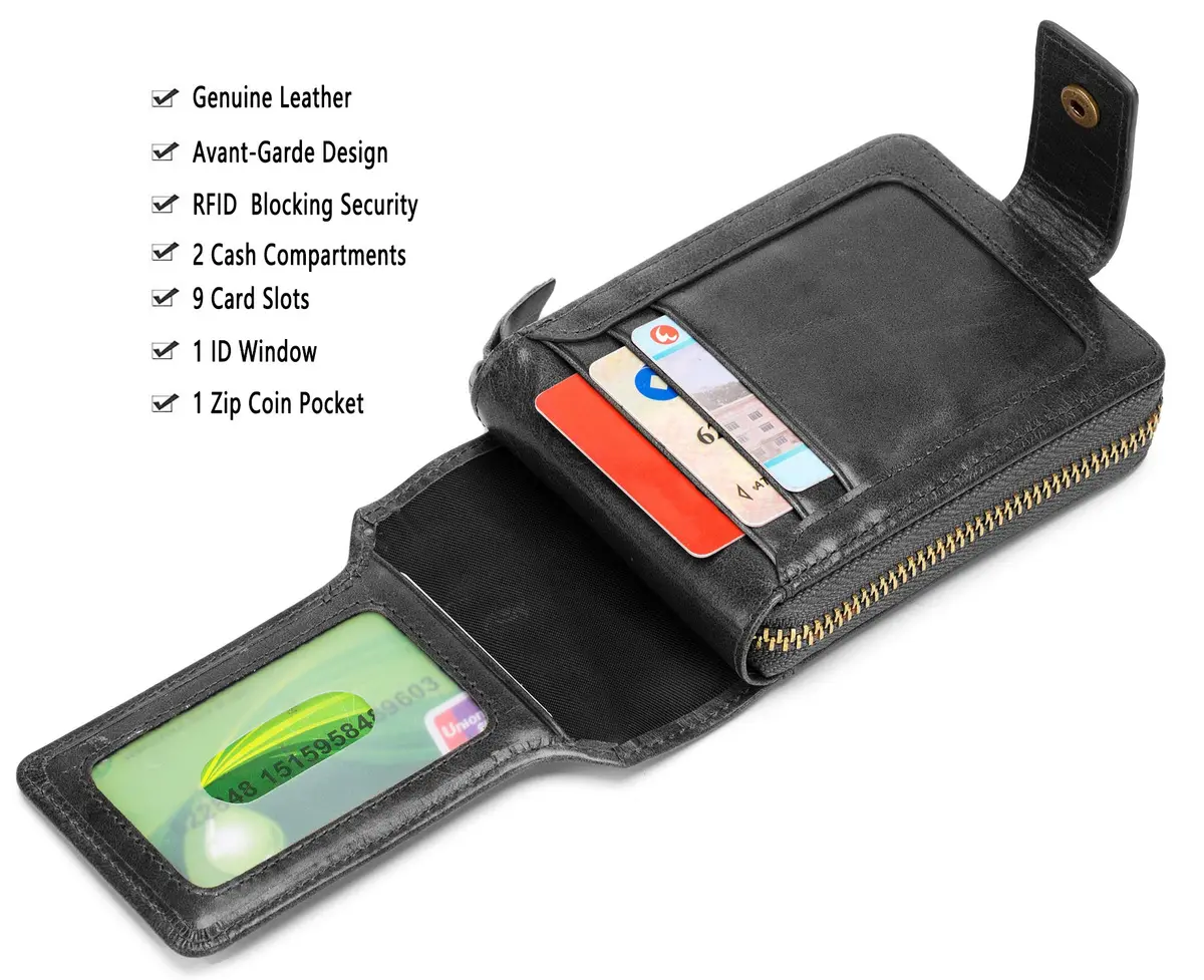 BULLCAPTAIN Genuine Leather Zipper Wallet RFID Blocking Bi-Fold | Durable Cowhide, 9 Card Slots, Zip Around (black) - view 3