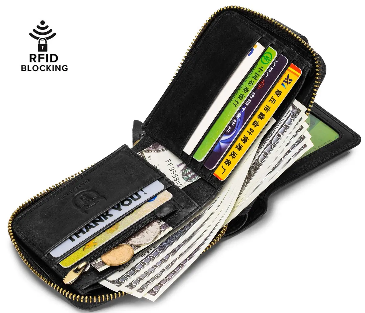 BULLCAPTAIN Genuine Leather Zipper Wallet RFID Blocking Bi-Fold | Durable Cowhide, 9 Card Slots, Zip Around (black) - view 4