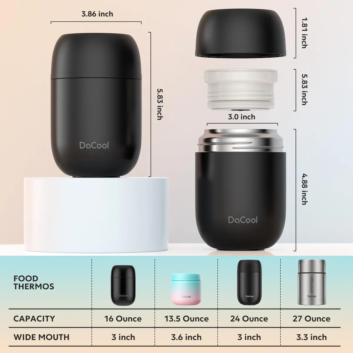 DaCool Insulated Food Jar 16 oz Vacuum Stainless Steel Leak Proof Hot Cold Kids Adults - view 6
